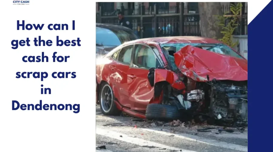 Free car removal service in Dandenong featuring a heavily damaged red scrap car after an accident, ready for towing and recycling.