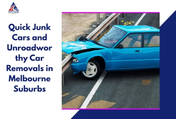Free car removal service in Melbourne suburbs showing a damaged blue junk car after a roadside crash, ready for towing and removal.