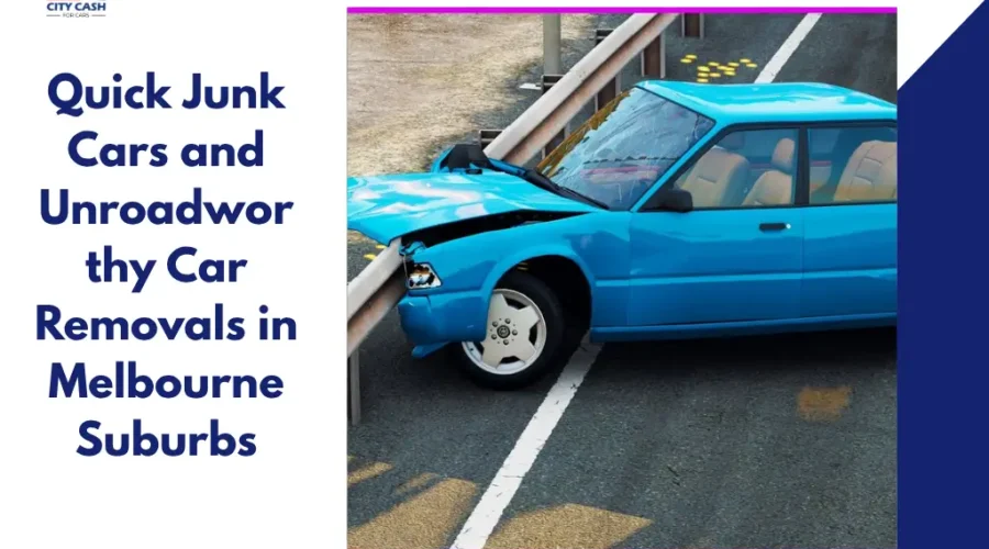 Free car removal service in Melbourne suburbs showing a damaged blue junk car after a roadside crash, ready for towing and removal.