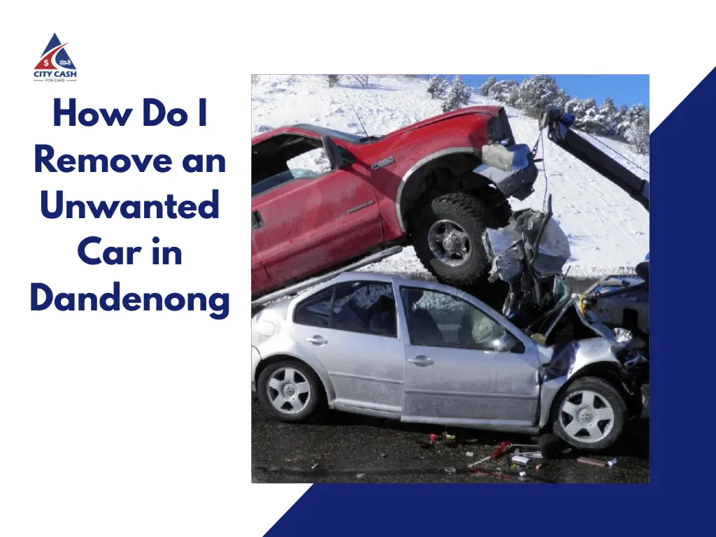 Damaged cars after a crash with car removal service ad in Dandenong.