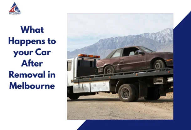 Free car removal service in Melbourne towing an old damaged car on a flatbed truck with mountains in the background and informational text about car removal.