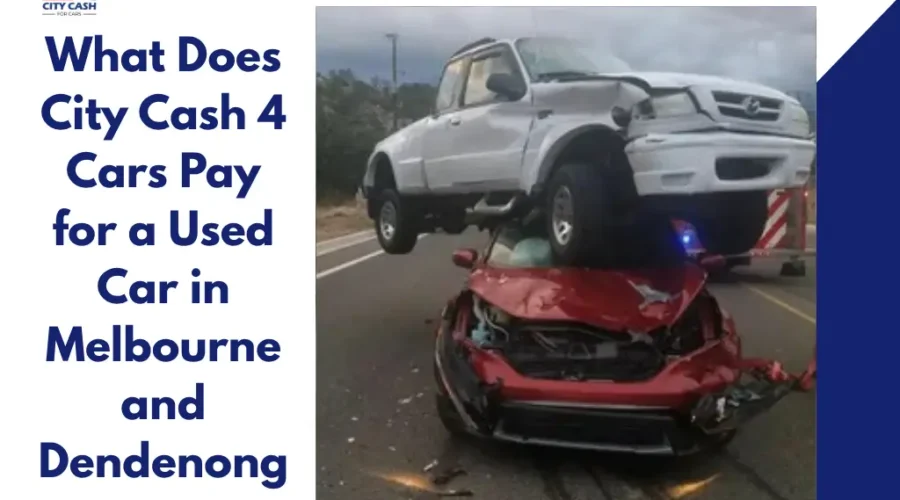 Damaged red car crushed under a white pickup truck after a road accident, illustrating free car removal and towing services.