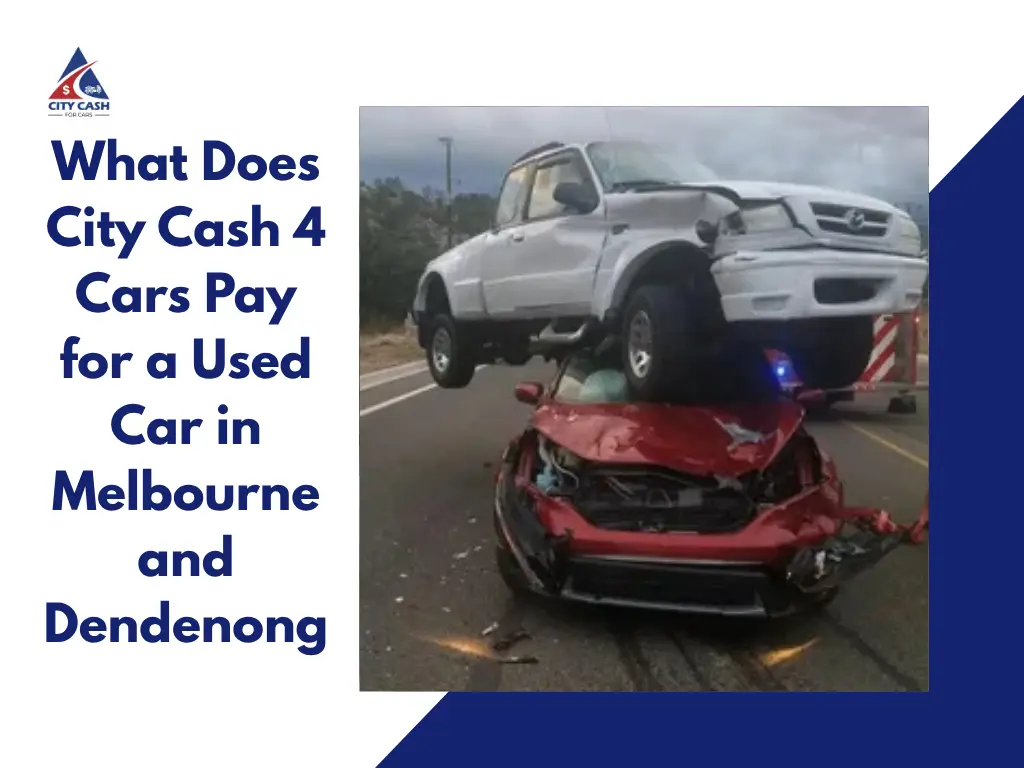 Damaged red car crushed under a white pickup truck after a road accident, illustrating free car removal and towing services.