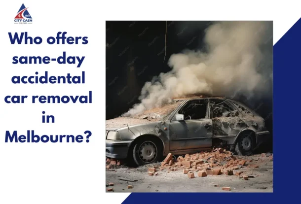 Burnt and damaged car emitting smoke after an accident, illustrating same-day accidental car removal services in Melbourne.