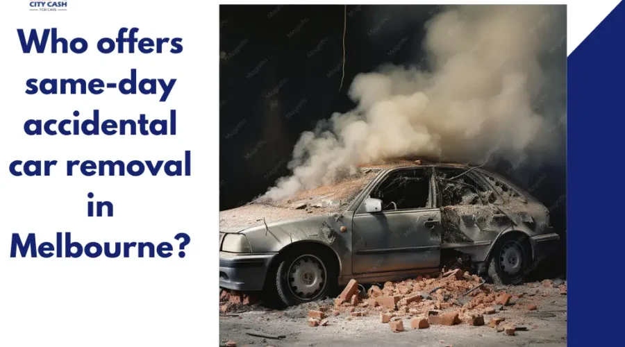 Burnt and damaged car emitting smoke after an accident, illustrating same-day accidental car removal services in Melbourne.