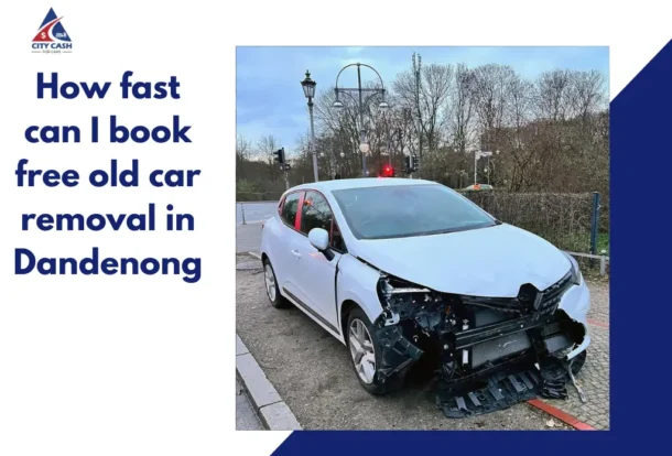 White damaged hatchback with front-end collision damage parked on a roadside, alongside text reading “How fast can I book free old car removal in Dandenong.”