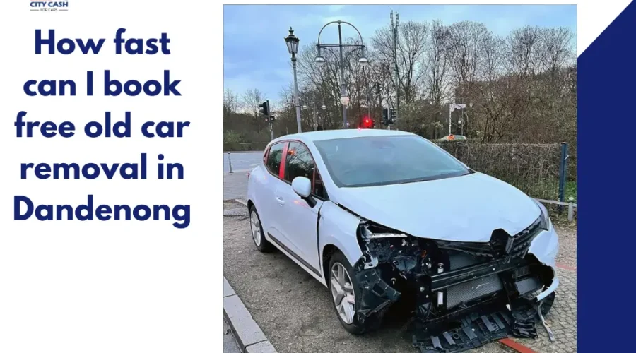 White damaged hatchback with front-end collision damage parked on a roadside, alongside text reading “How fast can I book free old car removal in Dandenong.”