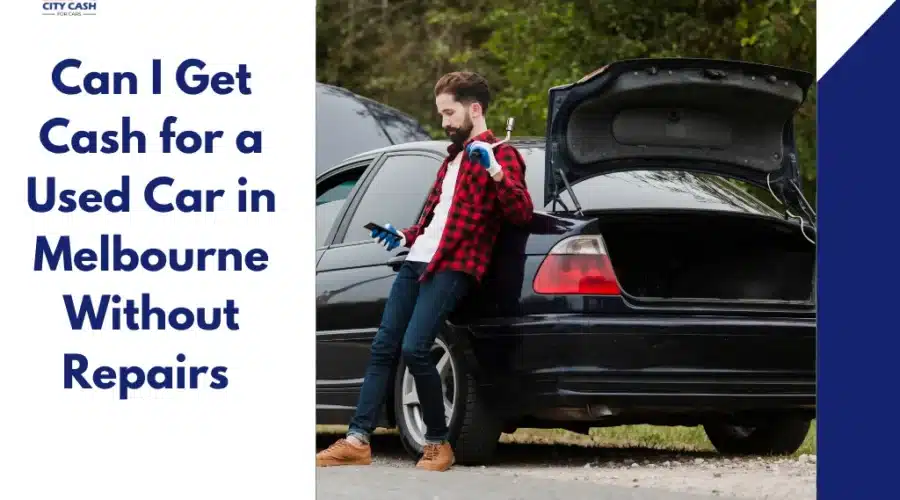 Cash for used car in Melbourne without repairs, showing a man beside a damaged car with open trunk