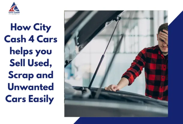 Man in a red and black checkered shirt looking frustrated while inspecting a car with its hood open, representing difficulties in selling used or unwanted cars.
