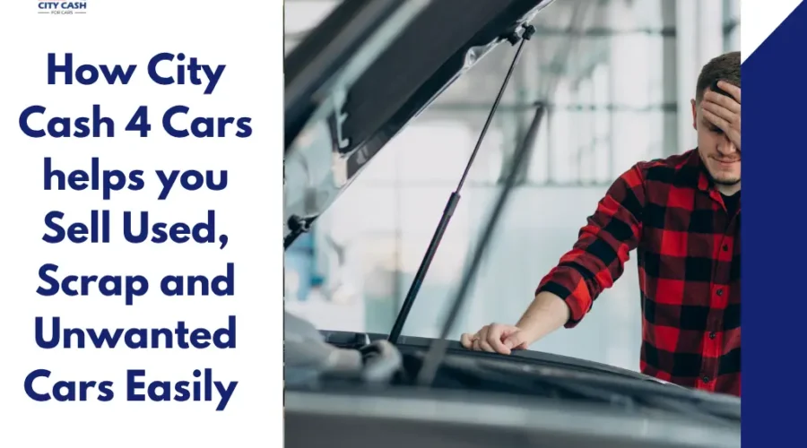 Man in a red and black checkered shirt looking frustrated while inspecting a car with its hood open, representing difficulties in selling used or unwanted cars.