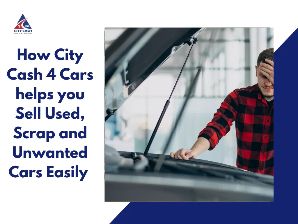 Man in a red and black checkered shirt looking frustrated while inspecting a car with its hood open, representing difficulties in selling used or unwanted cars.