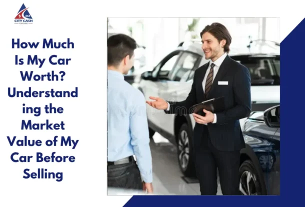 Car seller discussing vehicle valuation with a dealership representative to determine market value before selling a car.