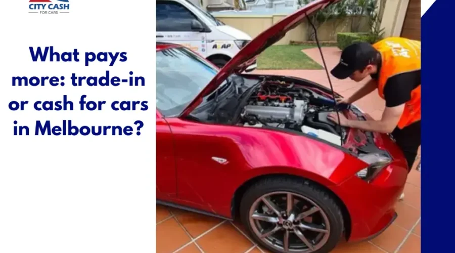 Technician inspecting a red car engine while comparing trade-in and cash for cars options in Melbourne.